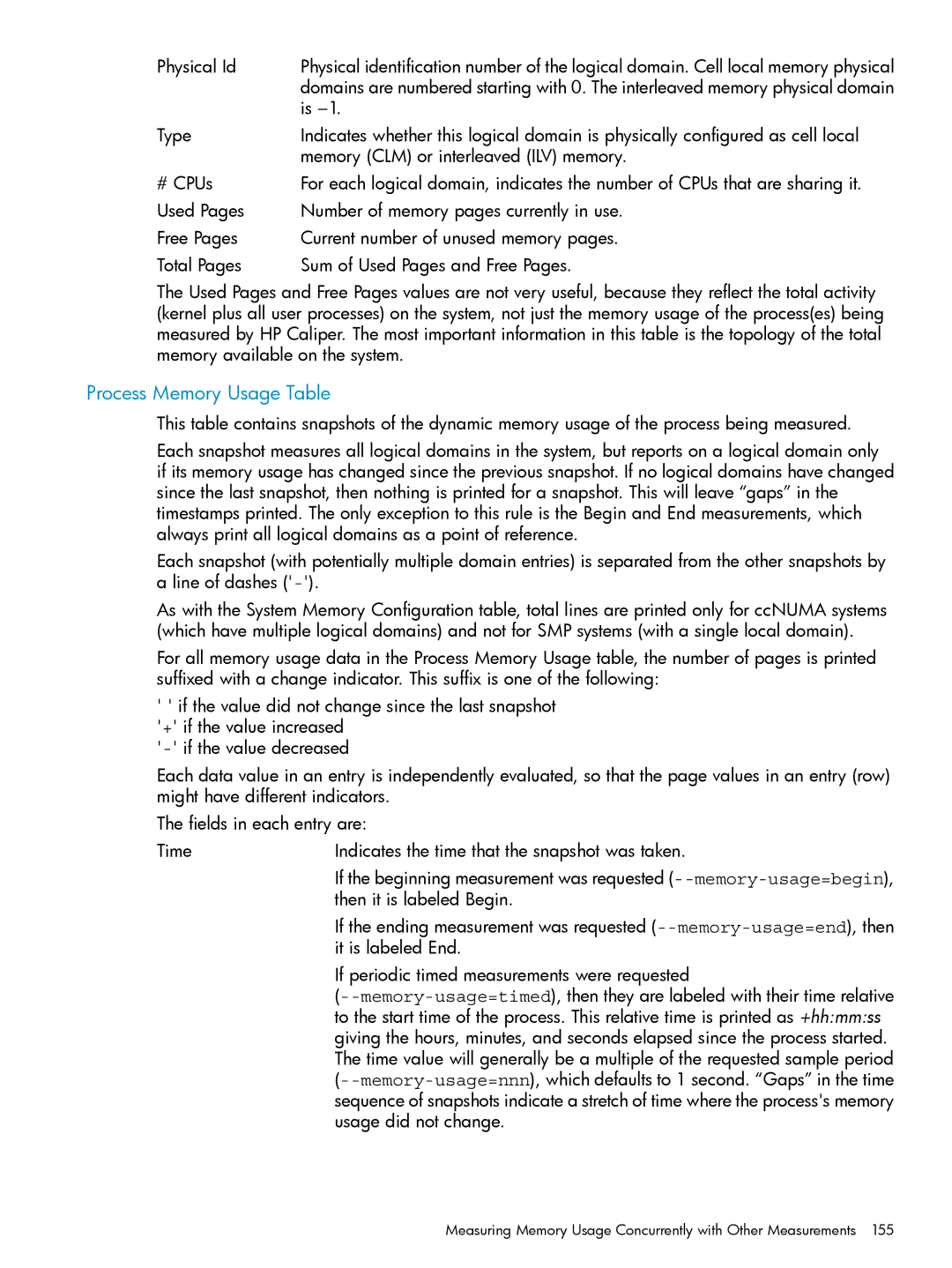 HP UX Caliper Software manual Process Memory Usage Table 