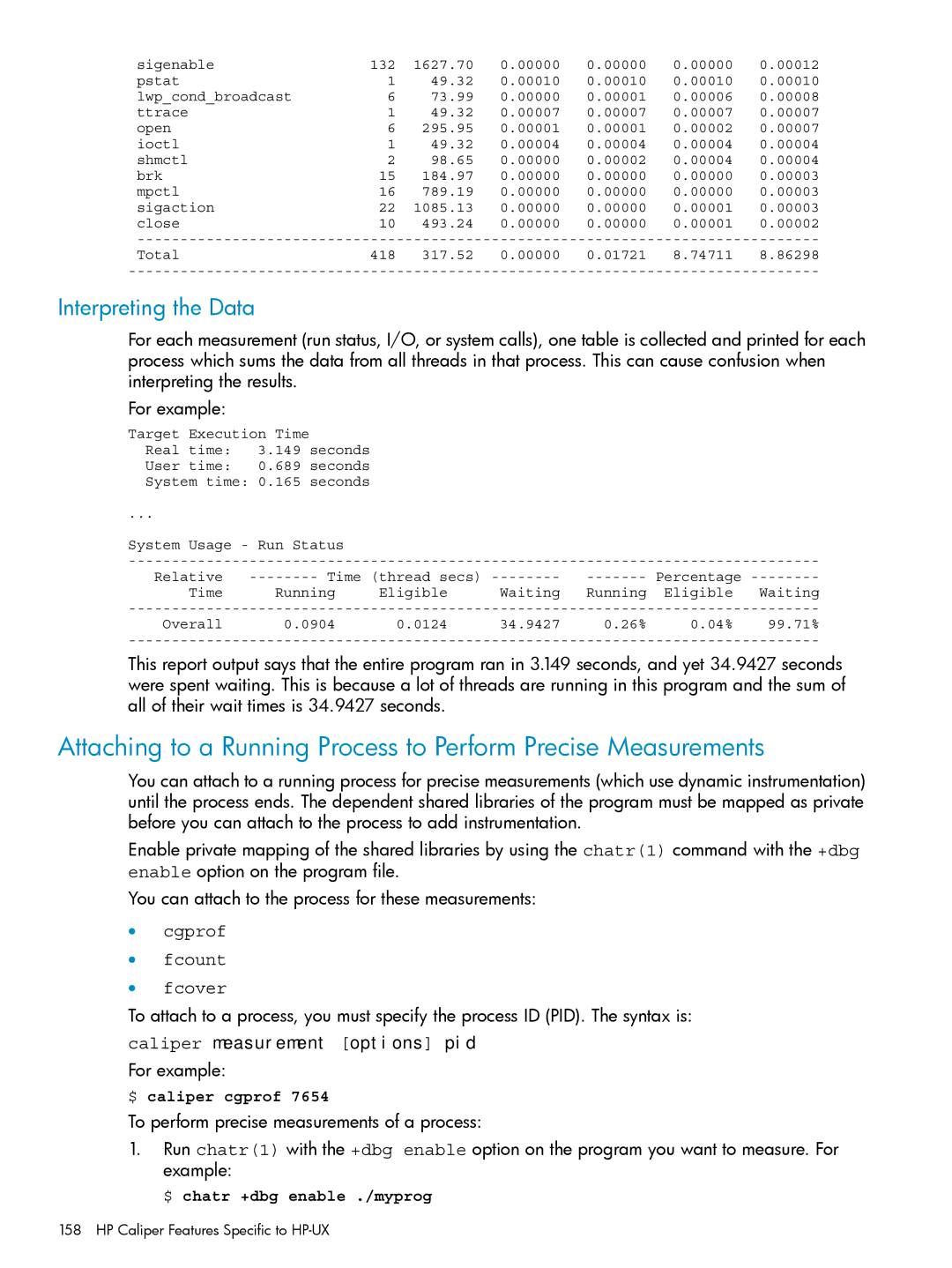 HP UX Caliper Software manual Interpreting the Data, Caliper measurement options pid 