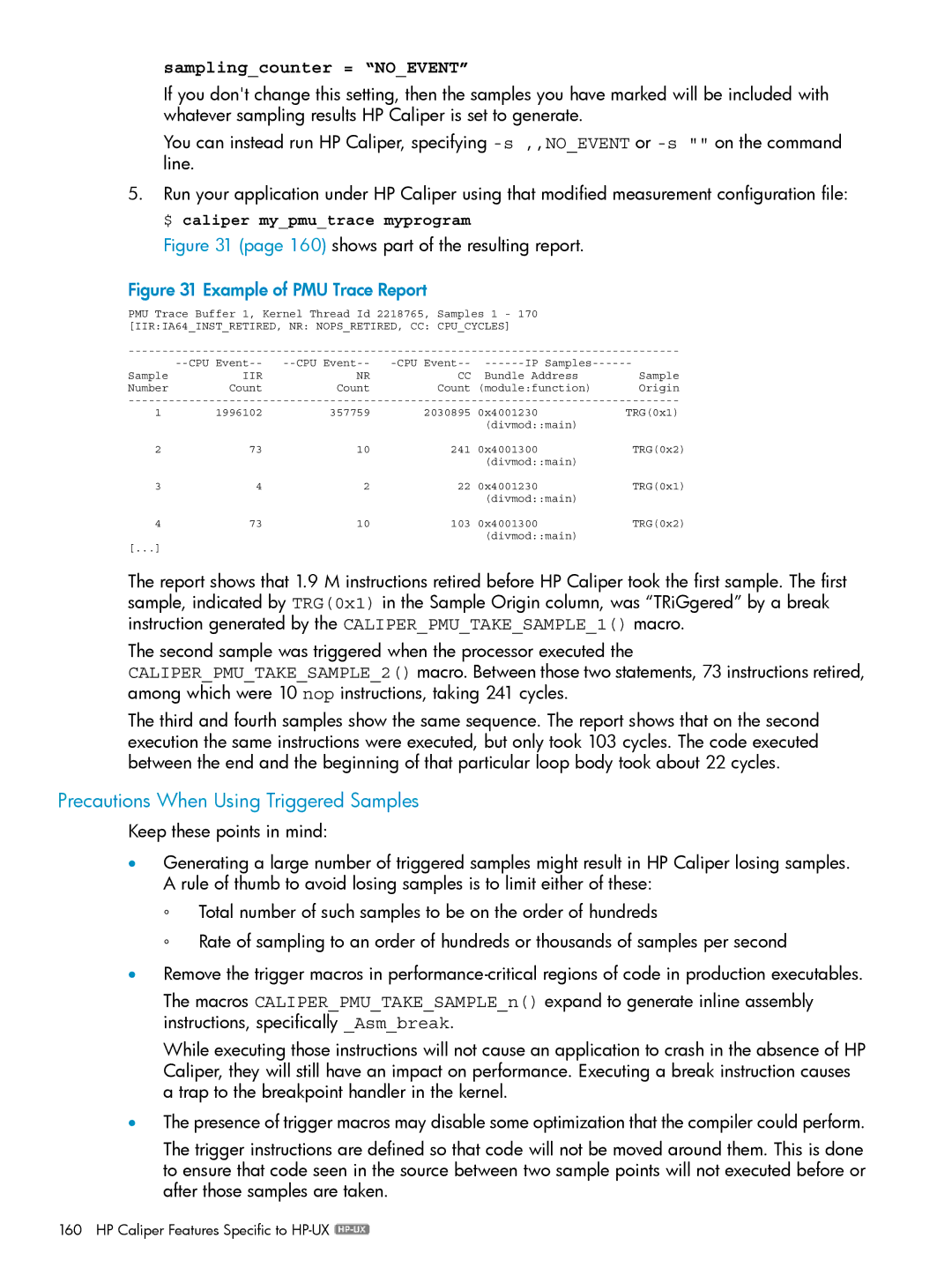 HP UX Caliper Software manual Precautions When Using Triggered Samples, shows part of the resulting report 