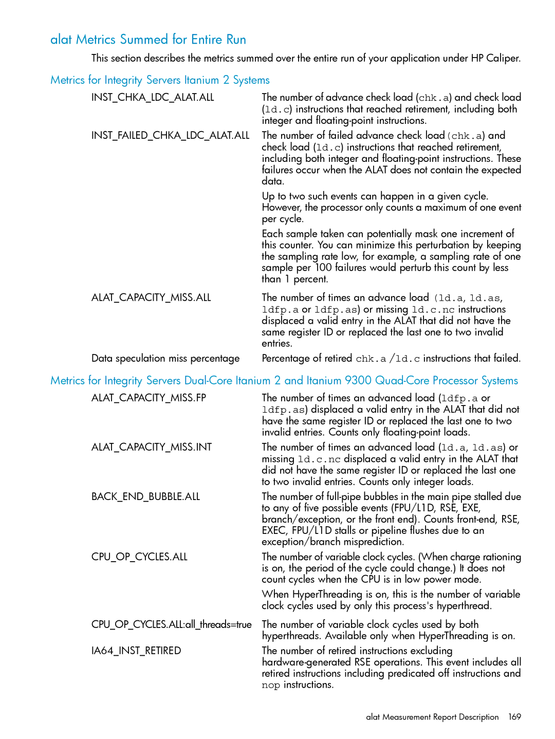 HP UX Caliper Software manual Alat Metrics Summed for Entire Run, Metrics for Integrity Servers Itanium 2 Systems 
