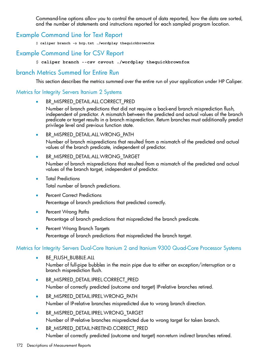 HP UX Caliper Software manual Branch Metrics Summed for Entire Run 