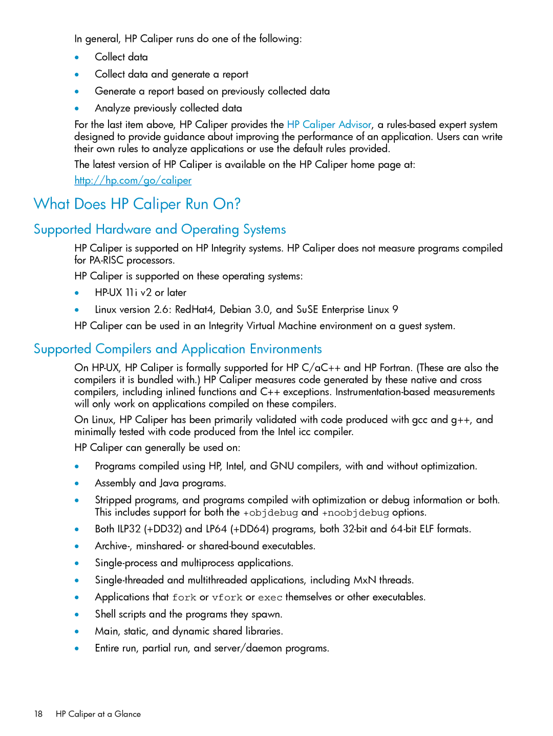 HP UX Caliper Software manual What Does HP Caliper Run On?, Supported Hardware and Operating Systems 