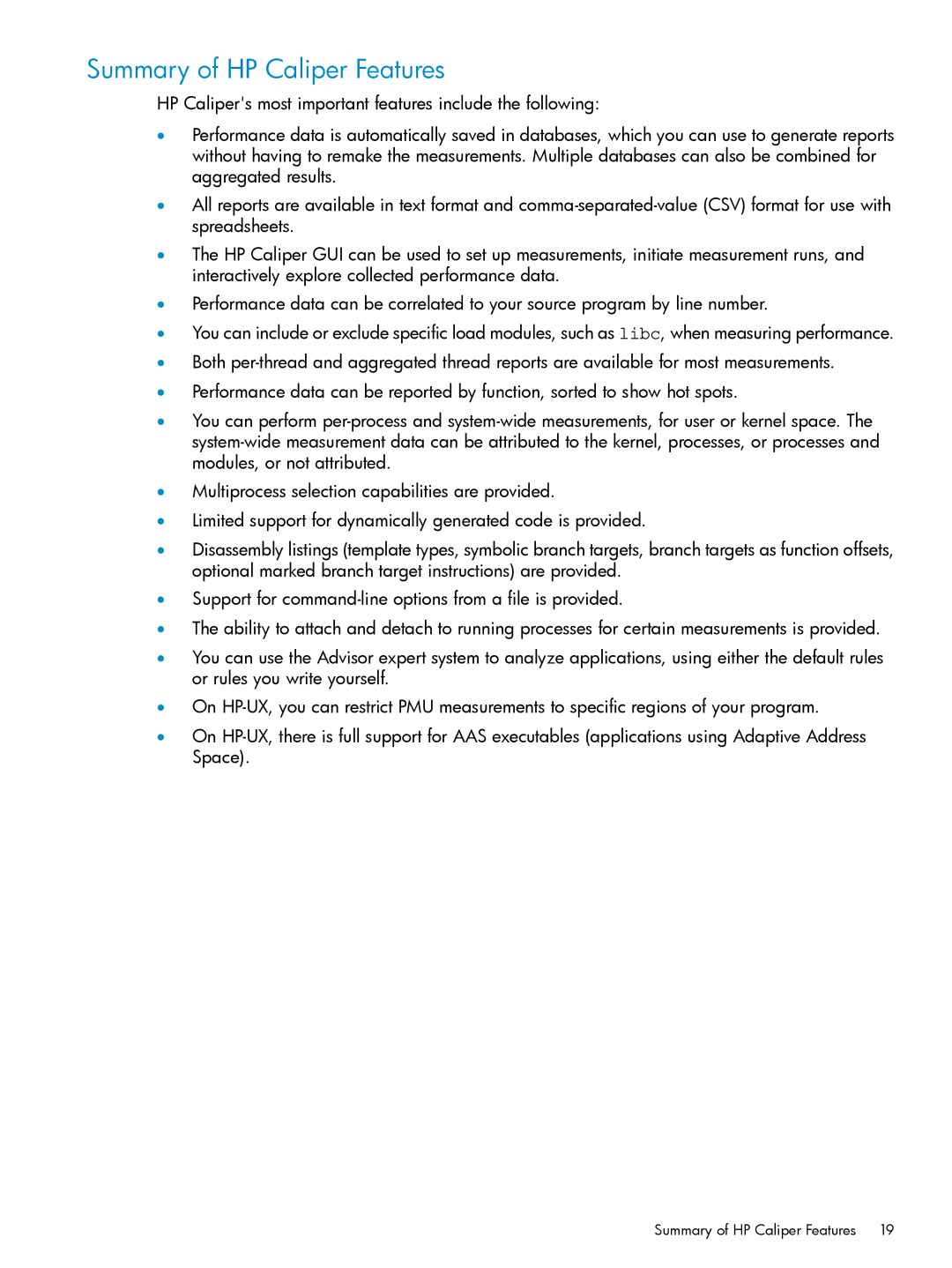 HP UX Caliper Software manual Summary of HP Caliper Features 