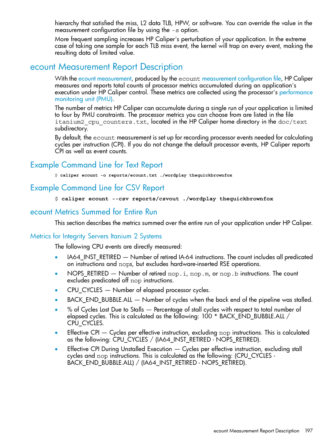 HP UX Caliper Software manual Ecount Measurement Report Description, Ecount Metrics Summed for Entire Run, Cpucycles 