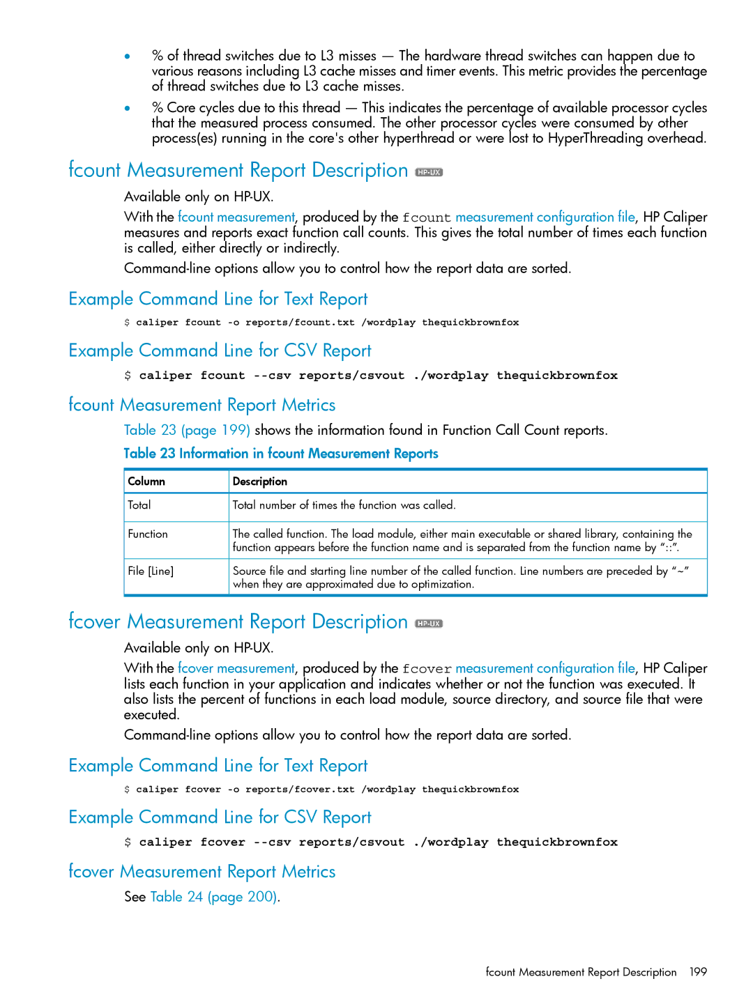 HP UX Caliper Software manual Fcount Measurement Report Description, Fcover Measurement Report Description 