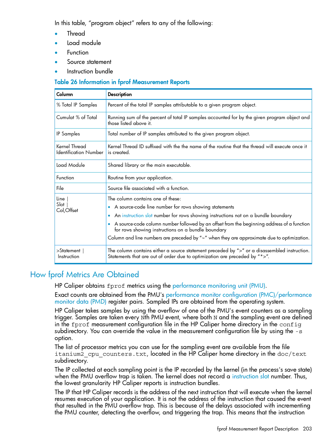 HP UX Caliper Software manual How fprof Metrics Are Obtained, Information in fprof Measurement Reports 