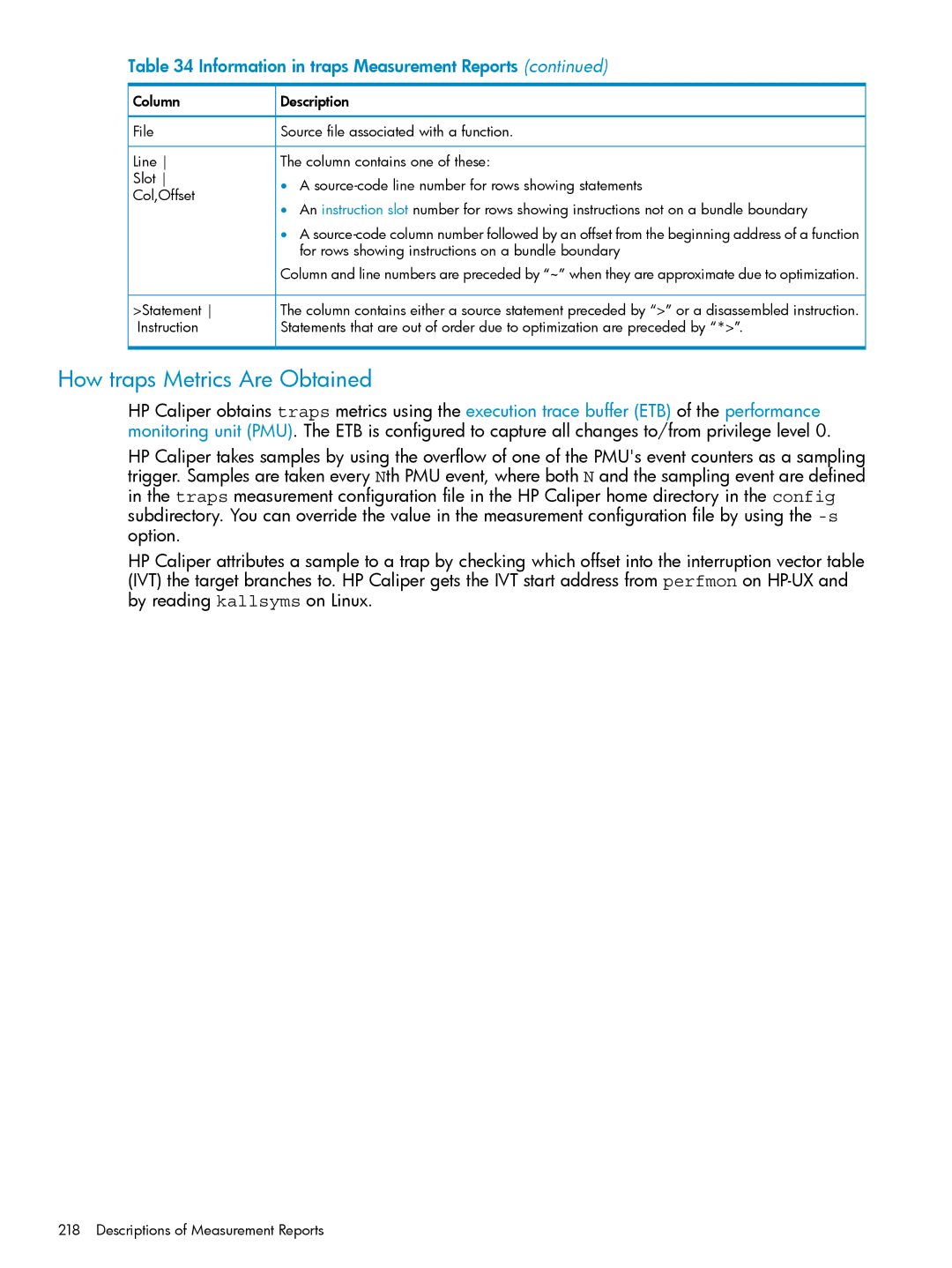 HP UX Caliper Software manual How traps Metrics Are Obtained, For rows showing instructions on a bundle boundary 