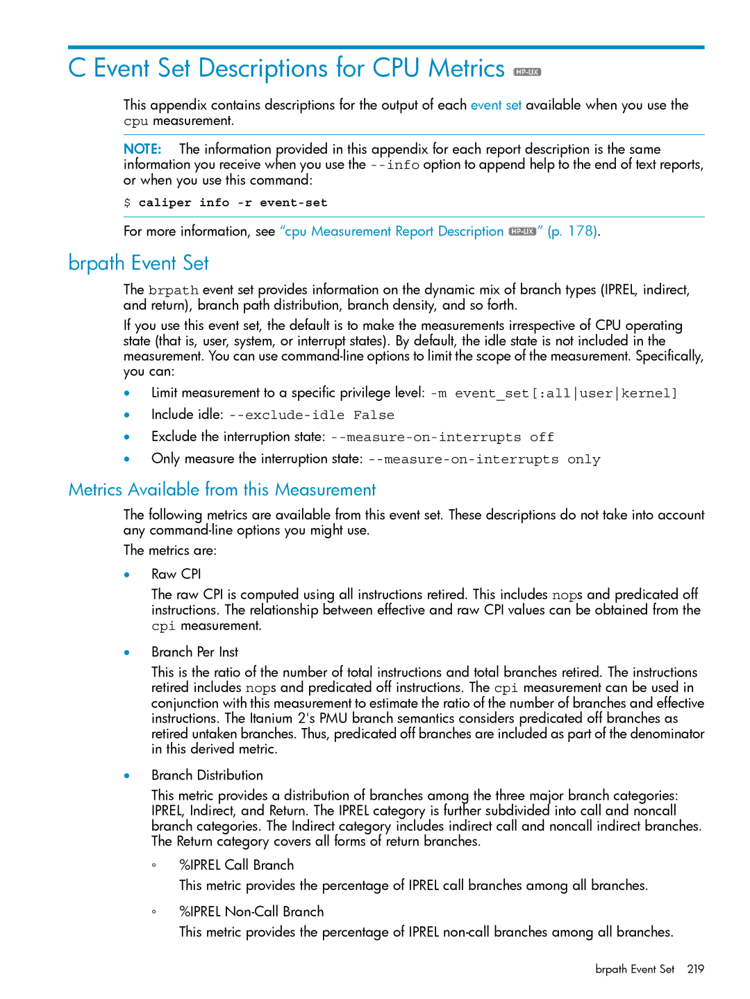 HP UX Caliper Software Event Set Descriptions for CPU Metrics, Brpath Event Set, Metrics Available from this Measurement 