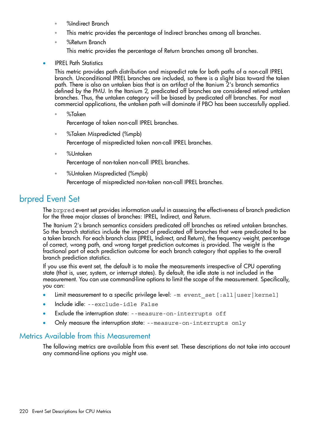 HP UX Caliper Software manual Brpred Event Set, Event Set Descriptions for CPU Metrics 