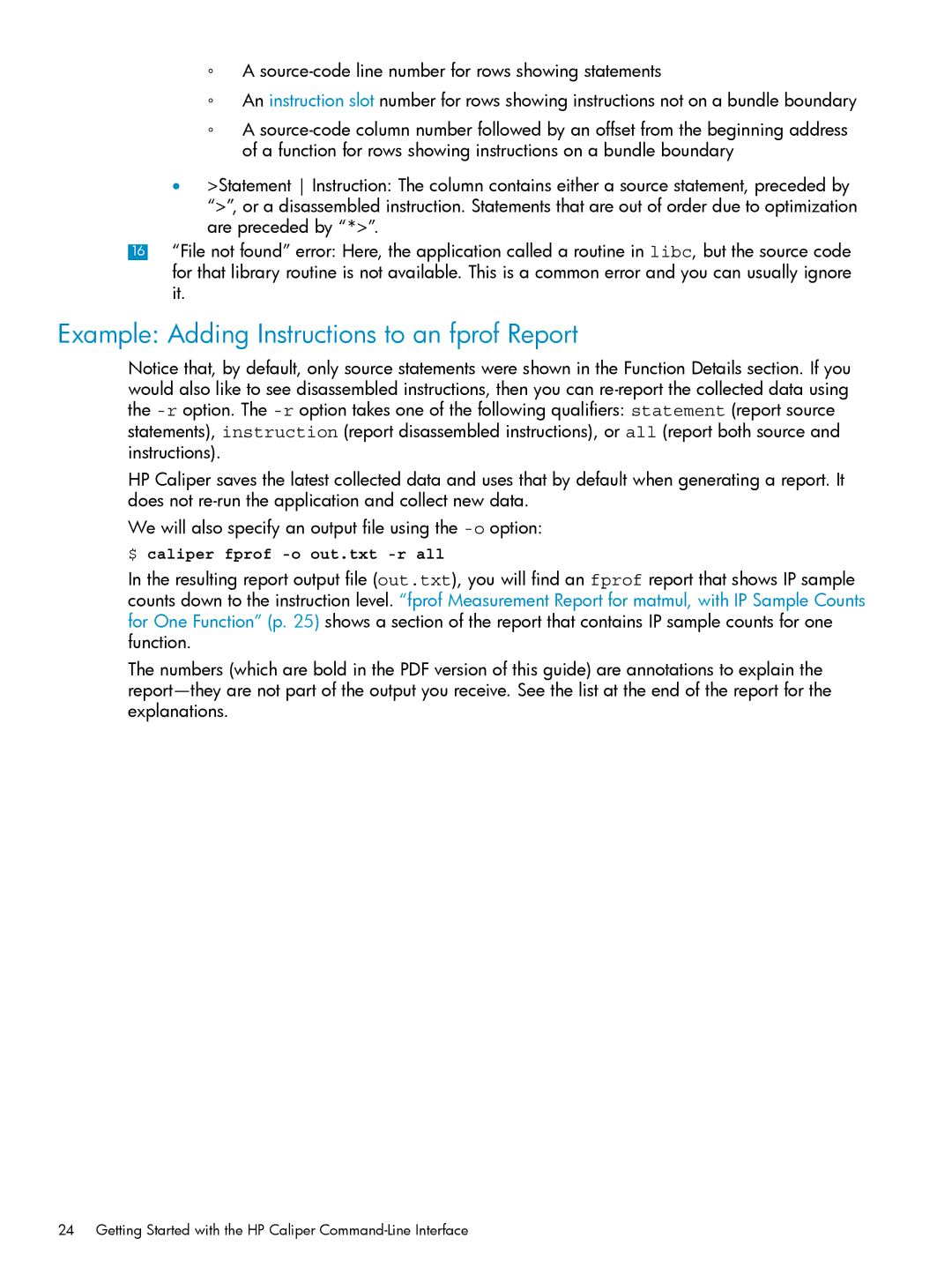 HP UX Caliper Software manual Example Adding Instructions to an fprof Report 