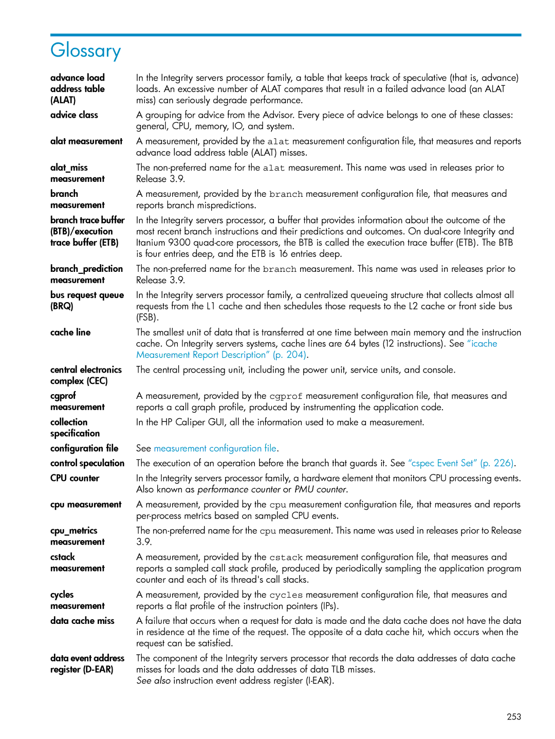 HP UX Caliper Software manual Glossary, 253 