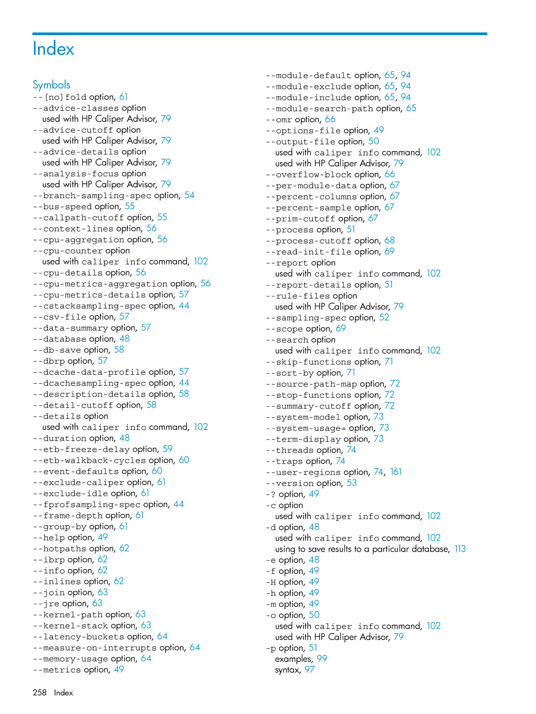 HP UX Caliper Software manual Index, Symbols 