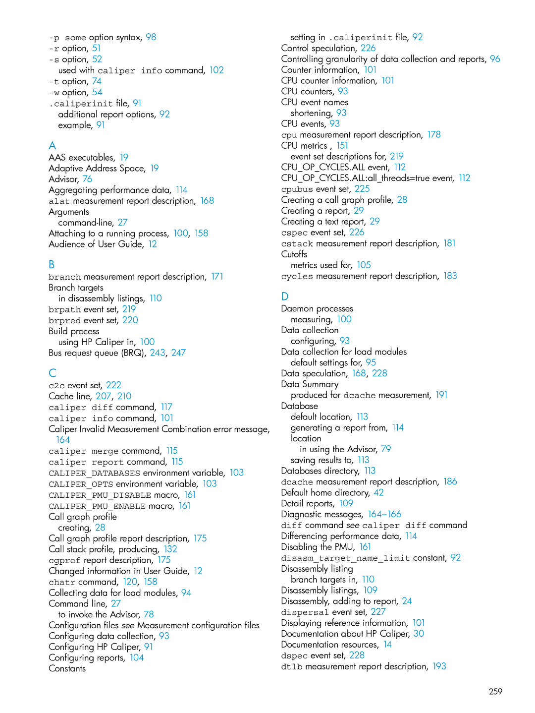 HP UX Caliper Software manual CPU event names shortening, 93 CPU events, Daemon processes measuring, 259 