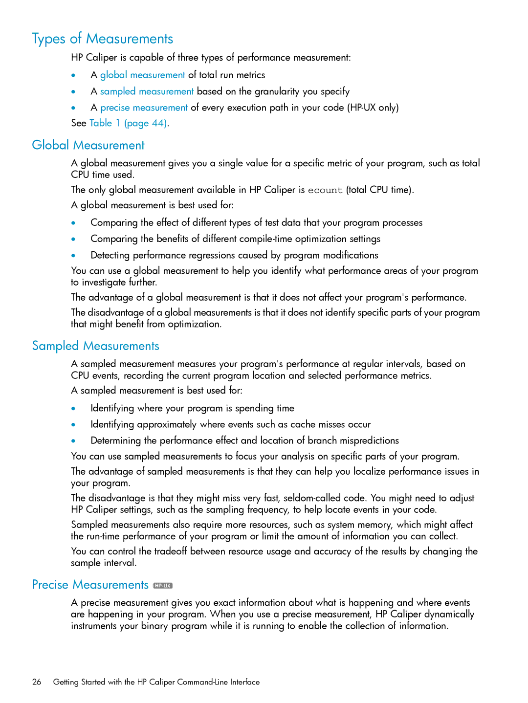 HP UX Caliper Software manual Types of Measurements, Global Measurement, Sampled Measurements, Precise Measurements 