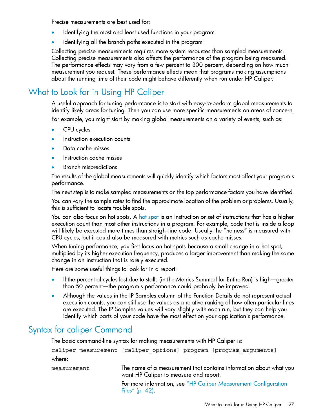 HP UX Caliper Software manual What to Look for in Using HP Caliper, Syntax for caliper Command, Measurement, Files p 