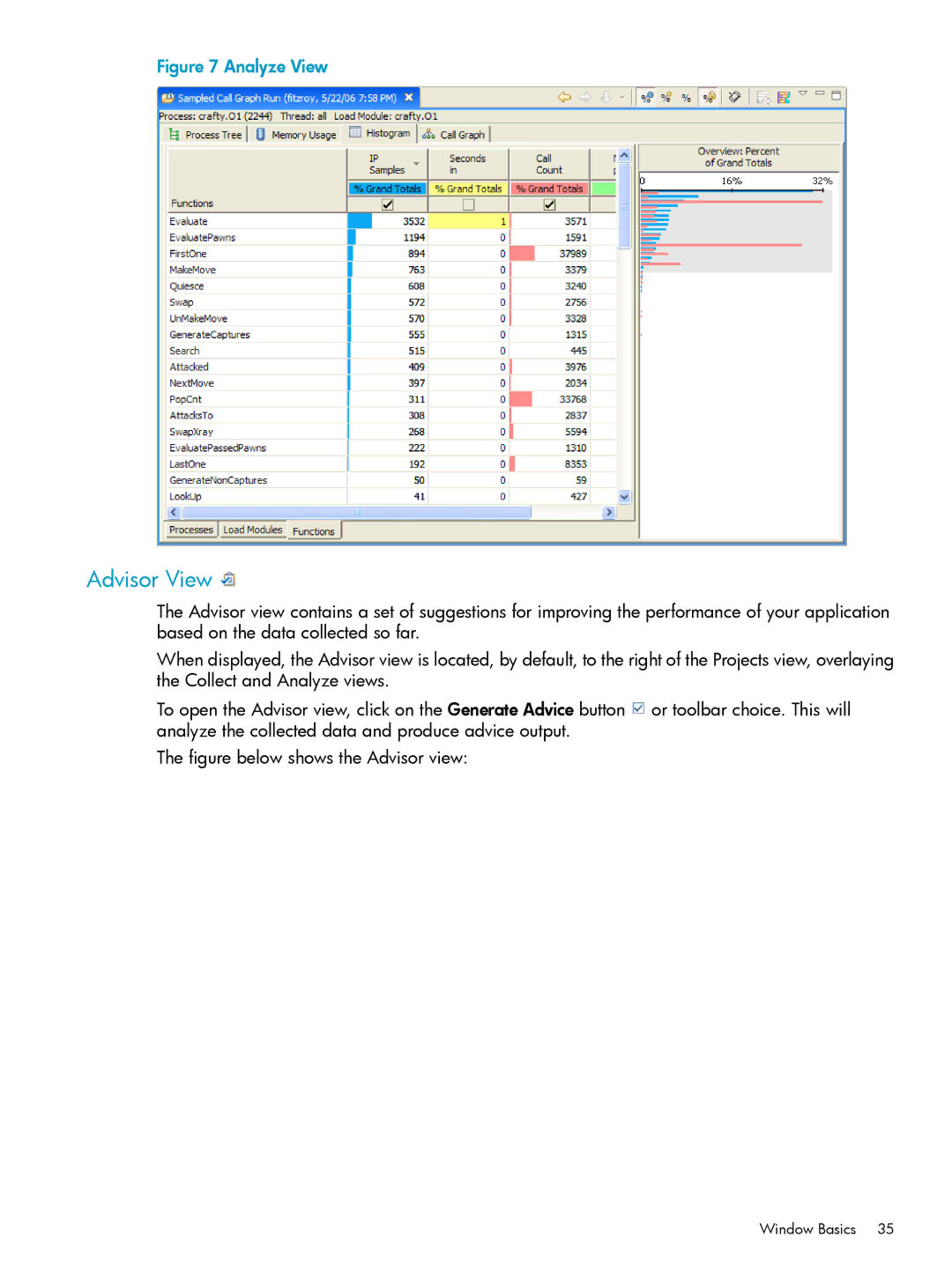 HP UX Caliper Software manual Advisor View, Analyze View 