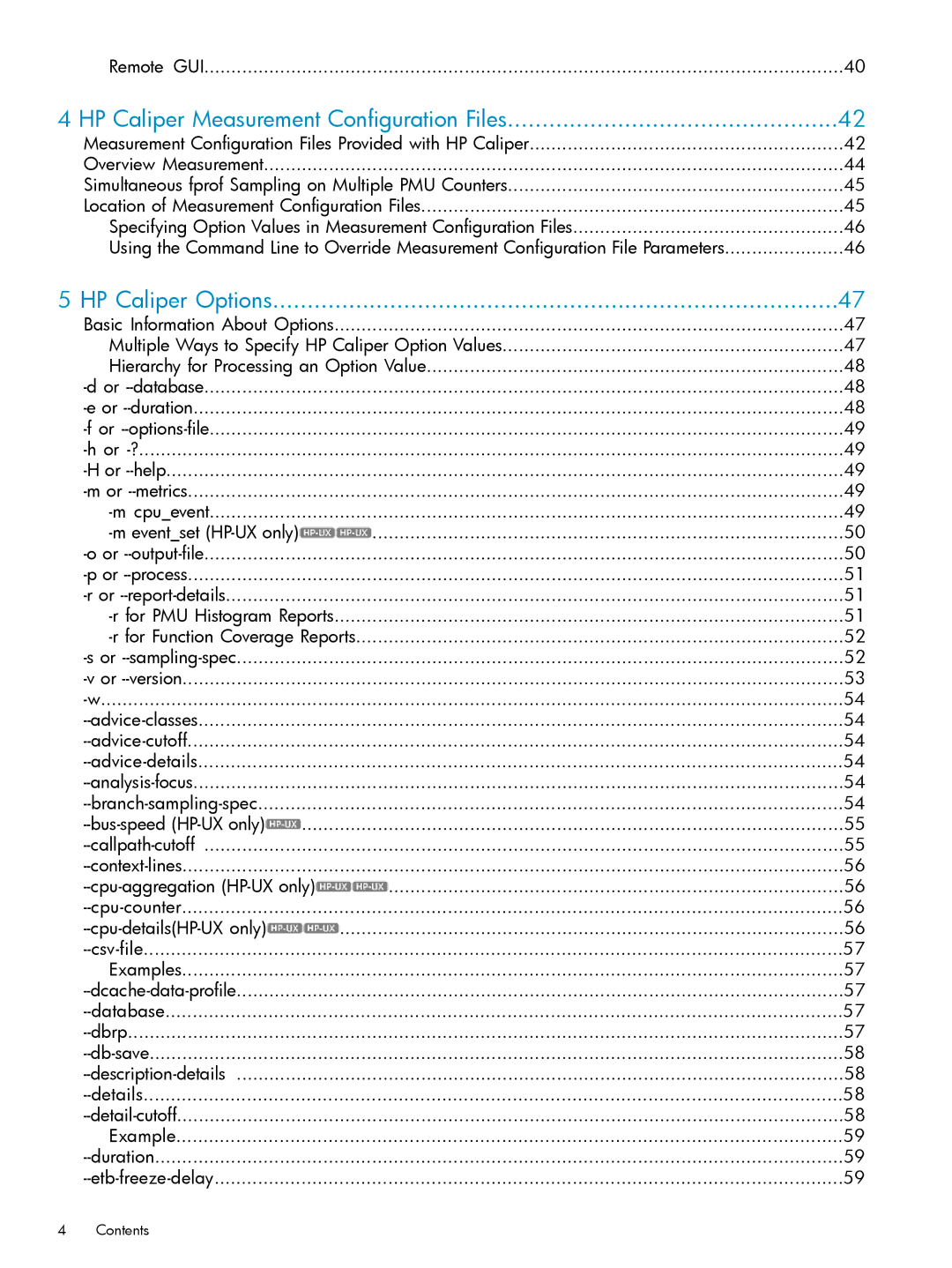 HP UX Caliper Software manual HP Caliper Measurement Configuration Files, HP Caliper Options, Remote GUI 