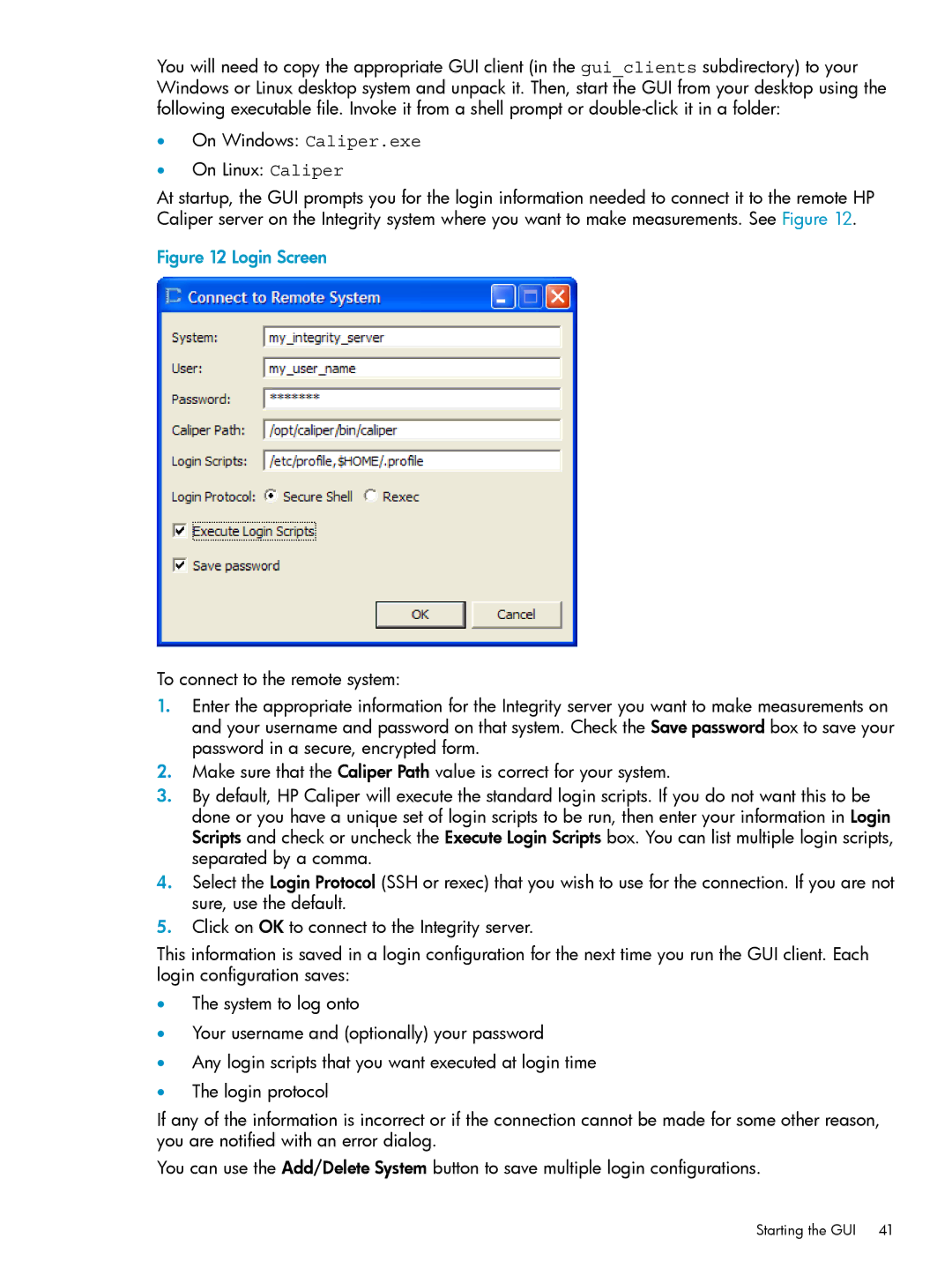 HP UX Caliper Software manual Login Screen, Starting the GUI 