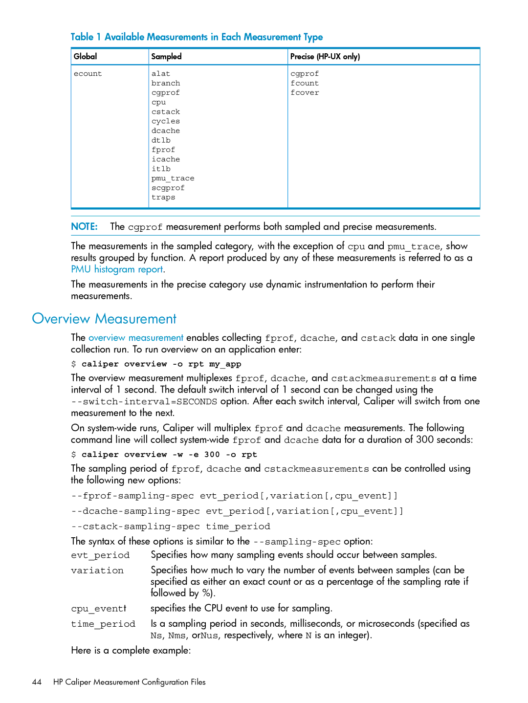 HP UX Caliper Software manual Overview Measurement, Available Measurements in Each Measurement Type, Global Sampled 