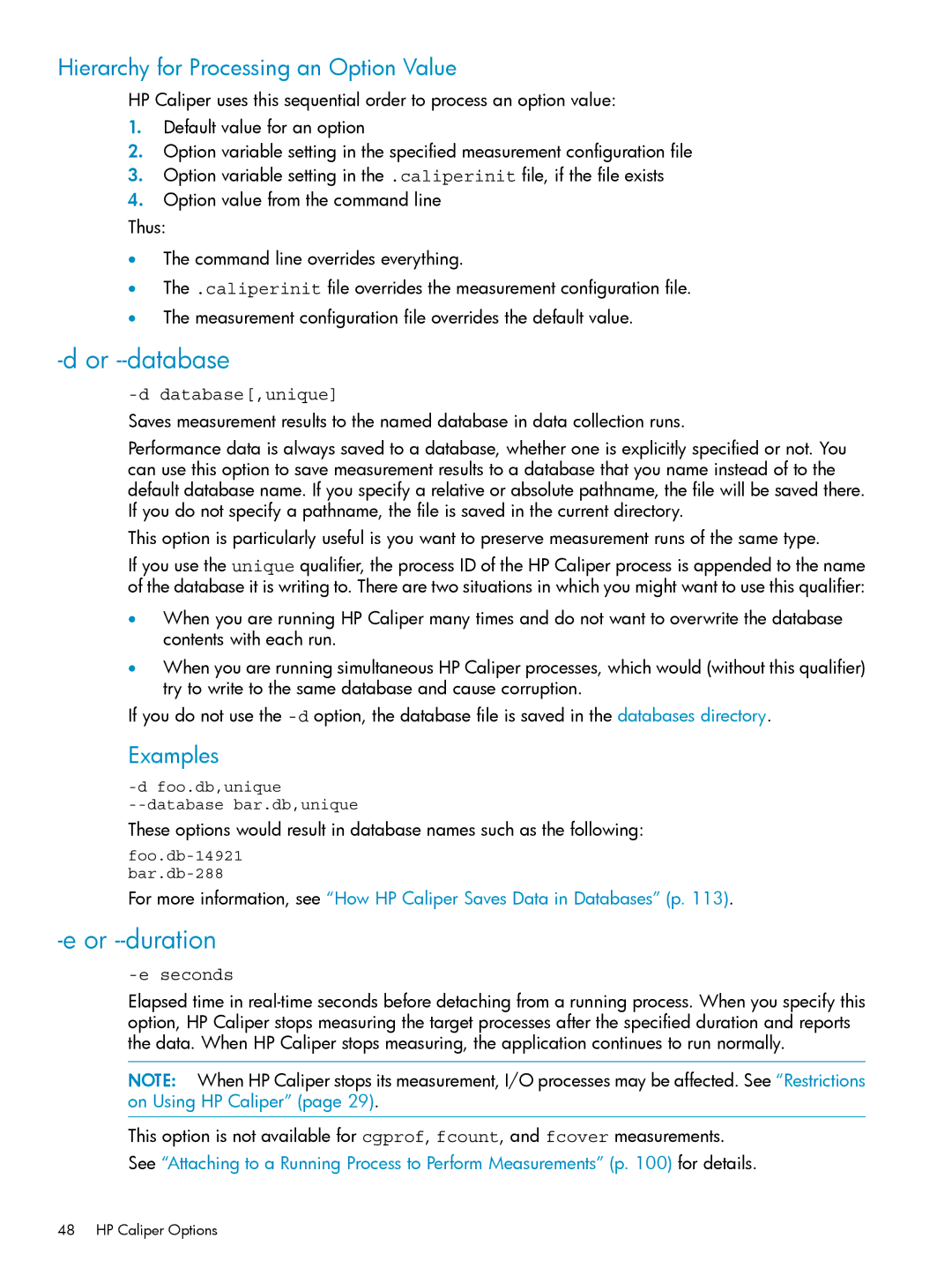 HP UX Caliper Software manual Or --database, Or --duration, Hierarchy for Processing an Option Value, Examples, Eseconds 