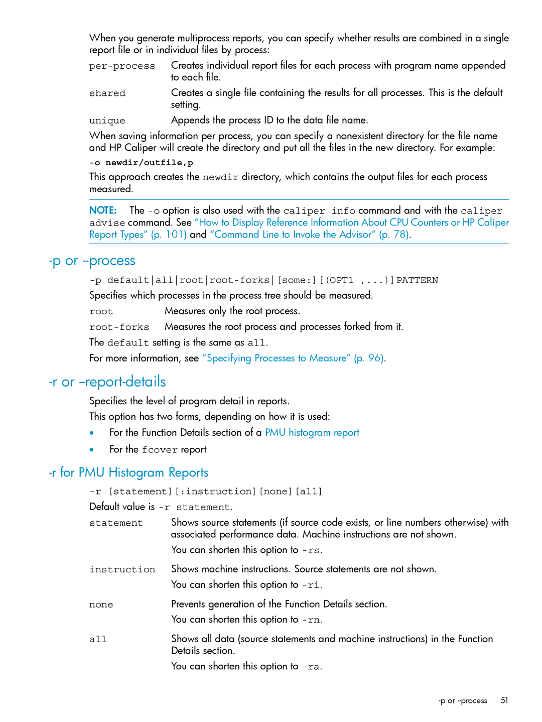 HP UX Caliper Software manual Or --process, Or --report-details, For PMU Histogram Reports 