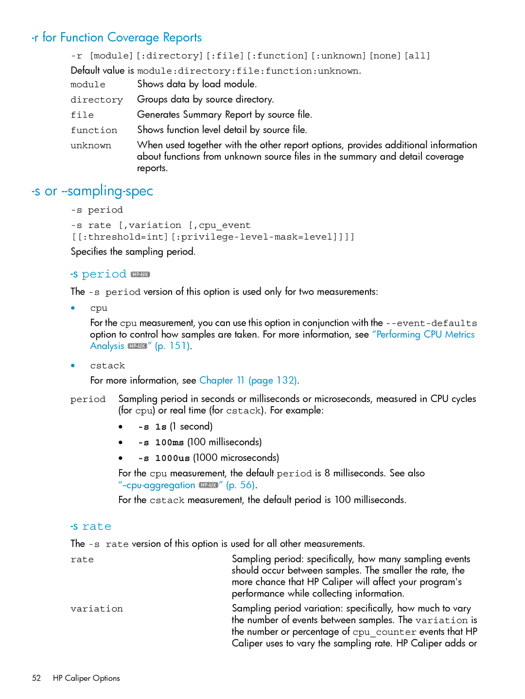 HP UX Caliper Software manual Or --sampling-spec, For Function Coverage Reports, Speriod Srate ,variation ,cpuevent, Rate 