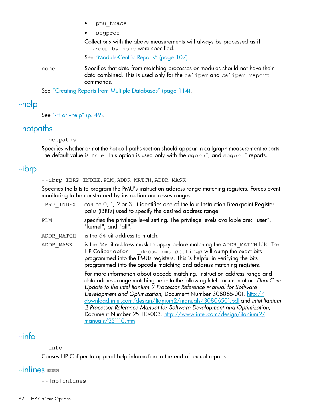 HP UX Caliper Software manual Help, Hotpaths, Ibrp, Info, Inlines 
