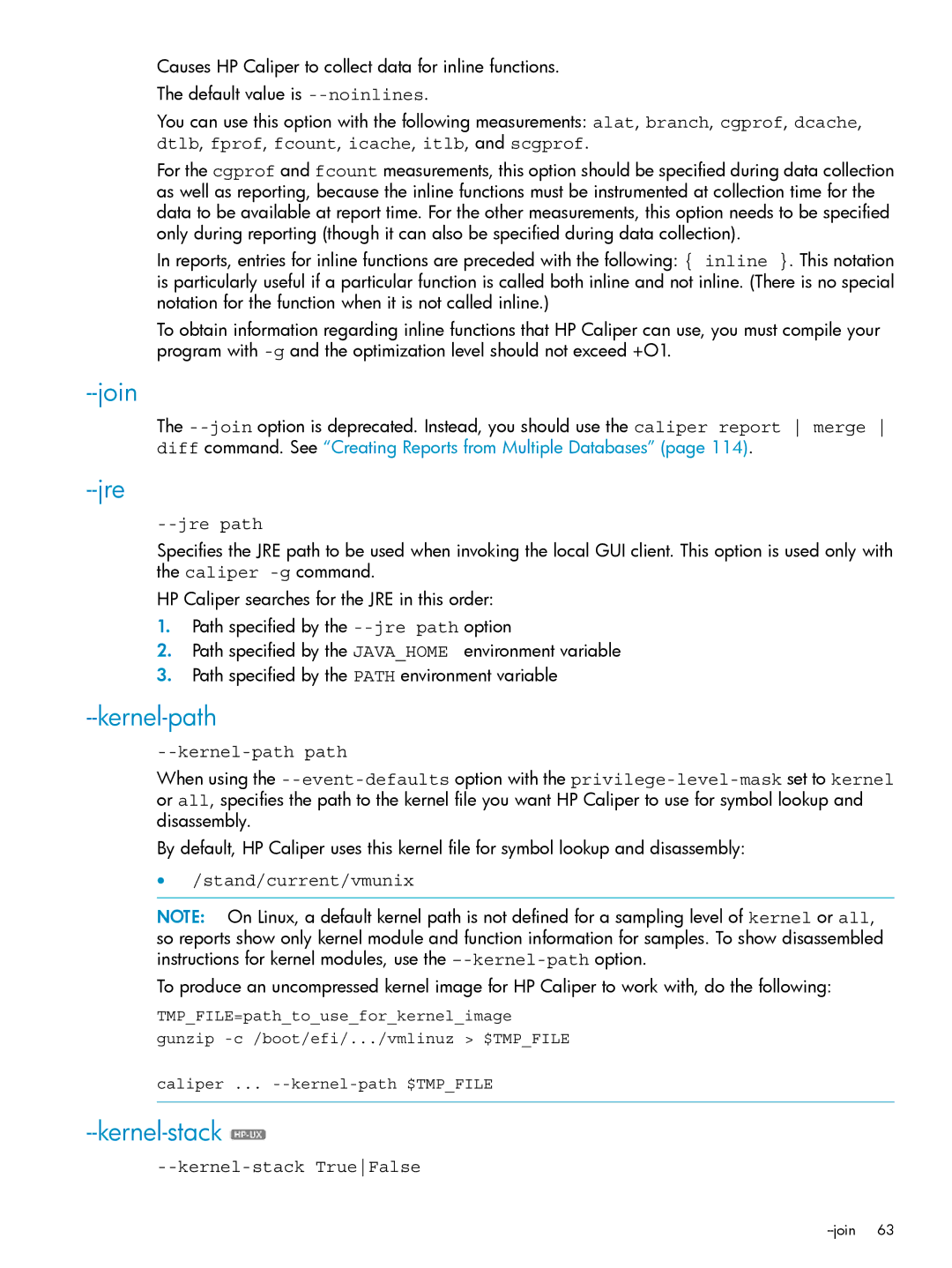 HP UX Caliper Software manual Join, Jre, Kernel-path, Kernel-stack 