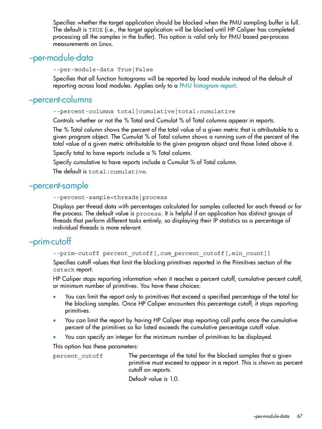 HP UX Caliper Software manual Per-module-data, Percent-columns, Percent-sample, Prim-cutoff 