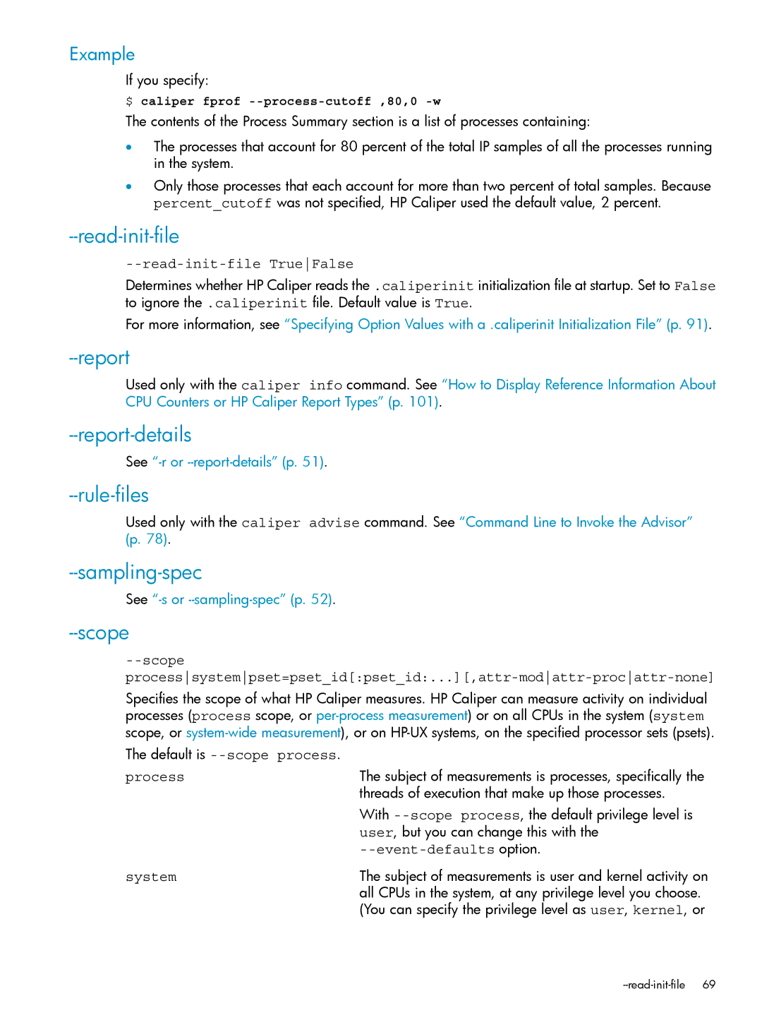 HP UX Caliper Software manual Read-init-file, Report-details, Rule-files, Sampling-spec, Scope 