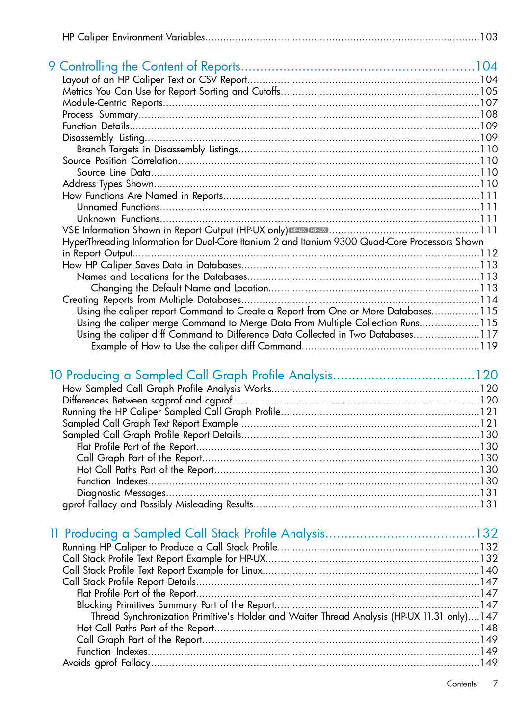 HP UX Caliper Software manual Controlling the Content of Reports 104, Producing a Sampled Call Graph Profile Analysis 120 