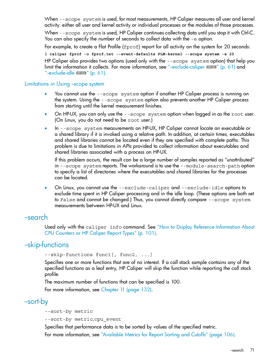 HP UX Caliper Software manual Search, Skip-functions, Sort-bymetric,cpuevent 
