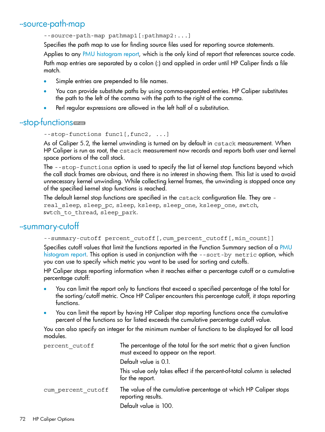 HP UX Caliper Software manual Source-path-map, Stop-functions, Summary-cutoff 