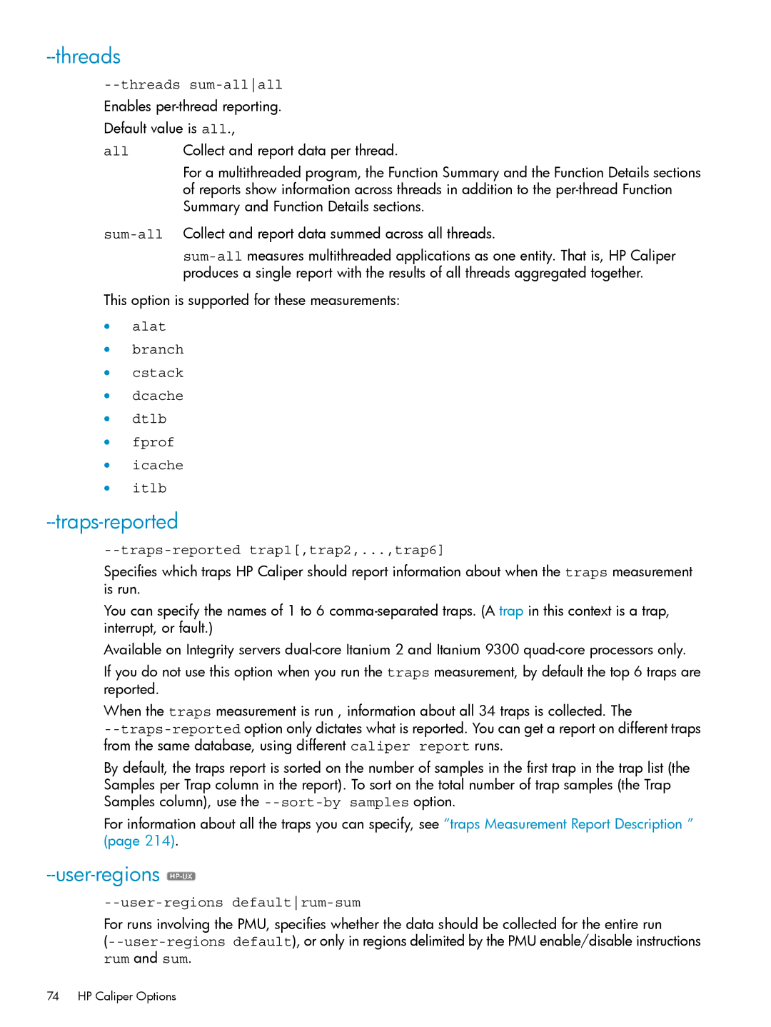 HP UX Caliper Software manual Threads, Traps-reported, User-regions 