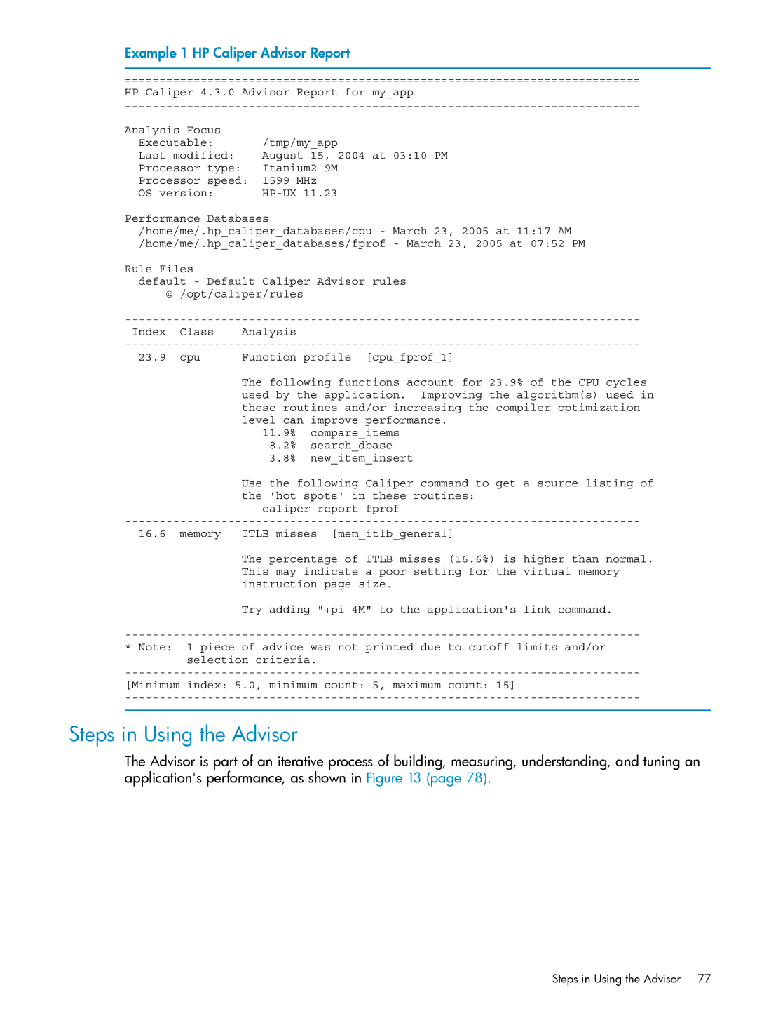 HP UX Caliper Software manual Steps in Using the Advisor, Example 1 HP Caliper Advisor Report 