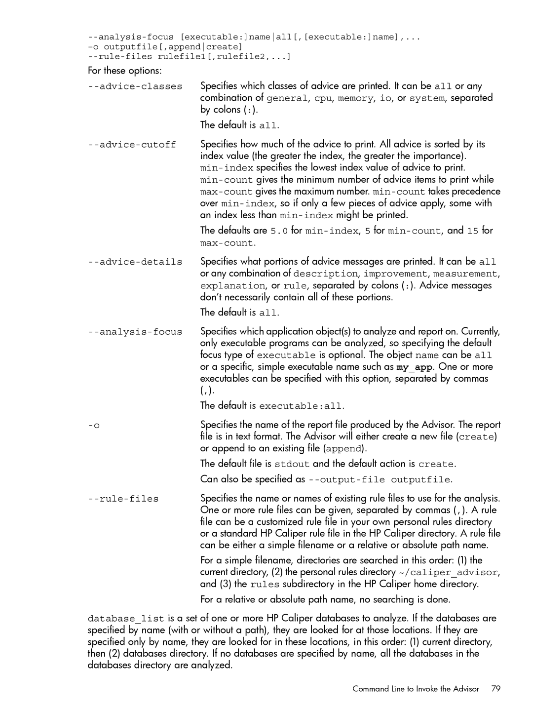 HP UX Caliper Software manual Advice-classes, Advice-cutoff, Max-count, Advice-details, Analysis-focus, Rule-files 