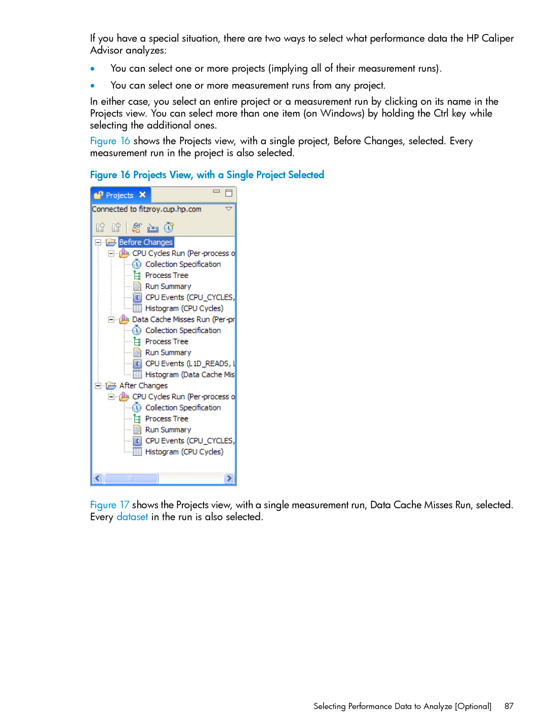 HP UX Caliper Software manual Projects View, with a Single Project Selected, Selecting Performance Data to Analyze Optional 