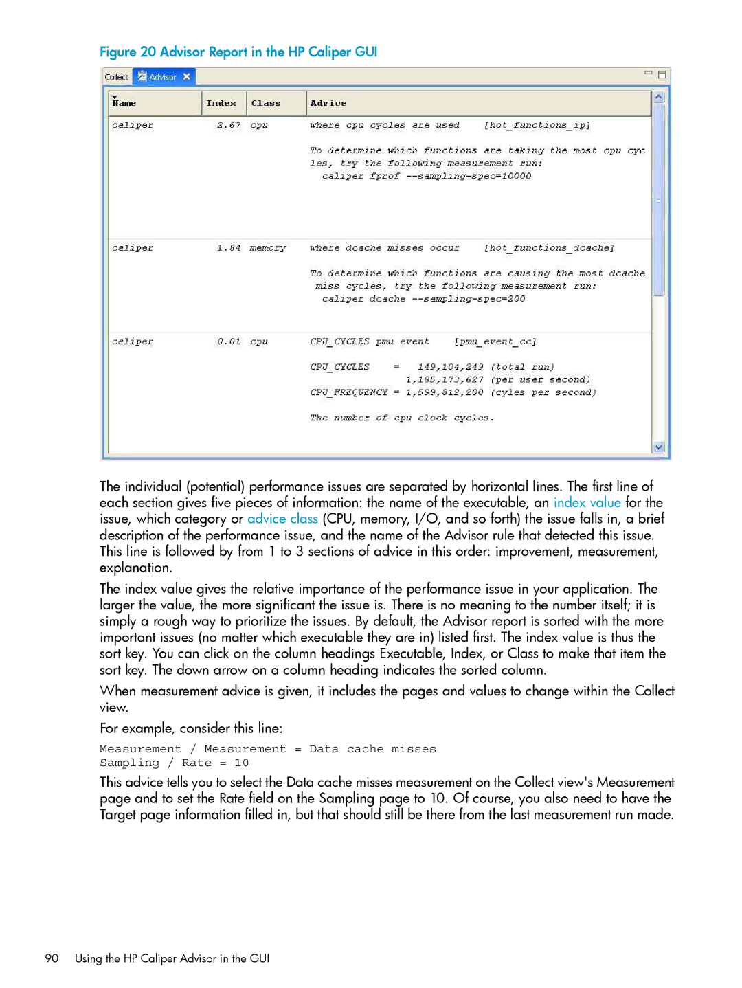 HP UX Caliper Software manual Advisor Report in the HP Caliper GUI 