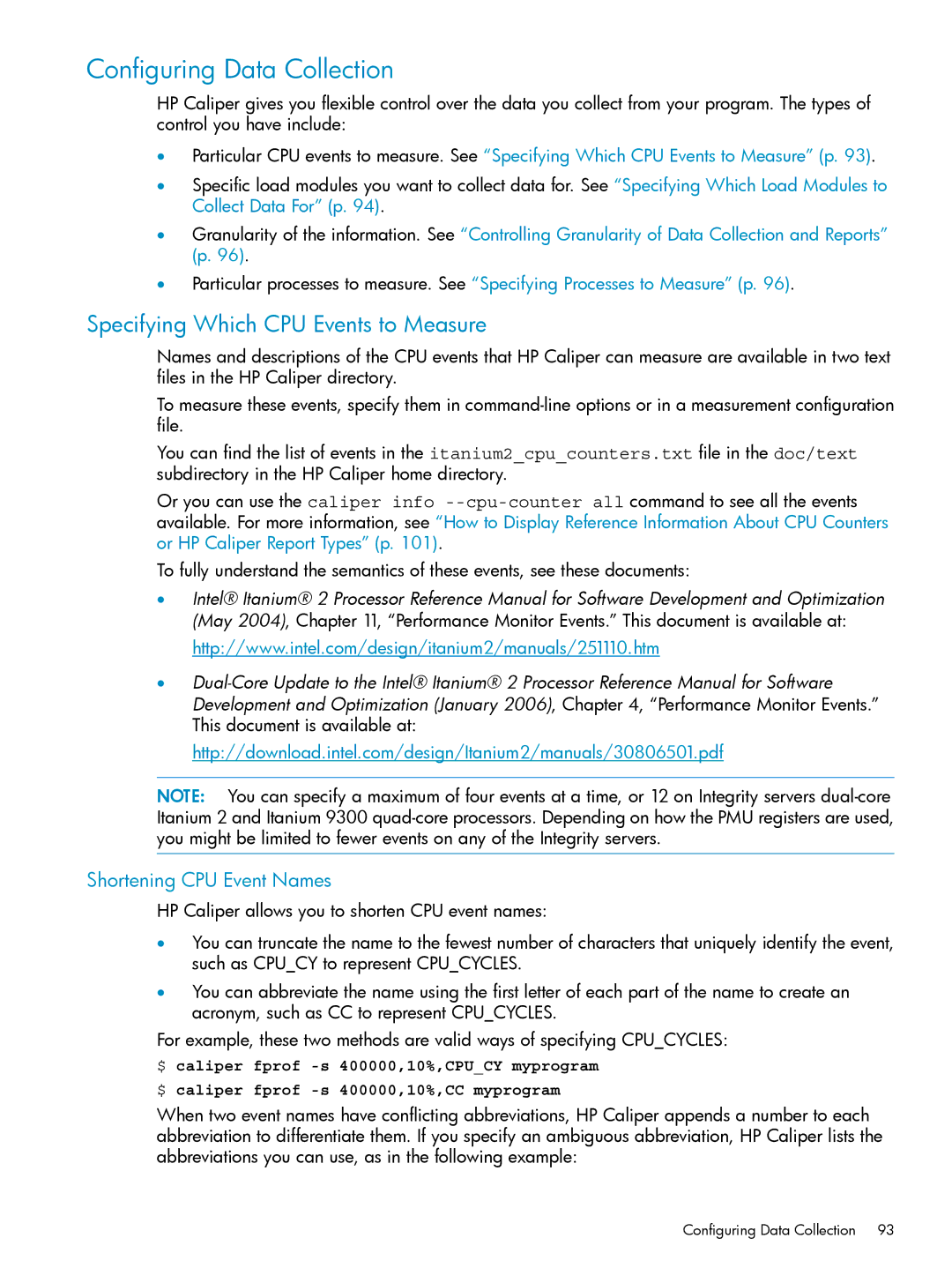 HP UX Caliper Software Configuring Data Collection, Specifying Which CPU Events to Measure, Shortening CPU Event Names 