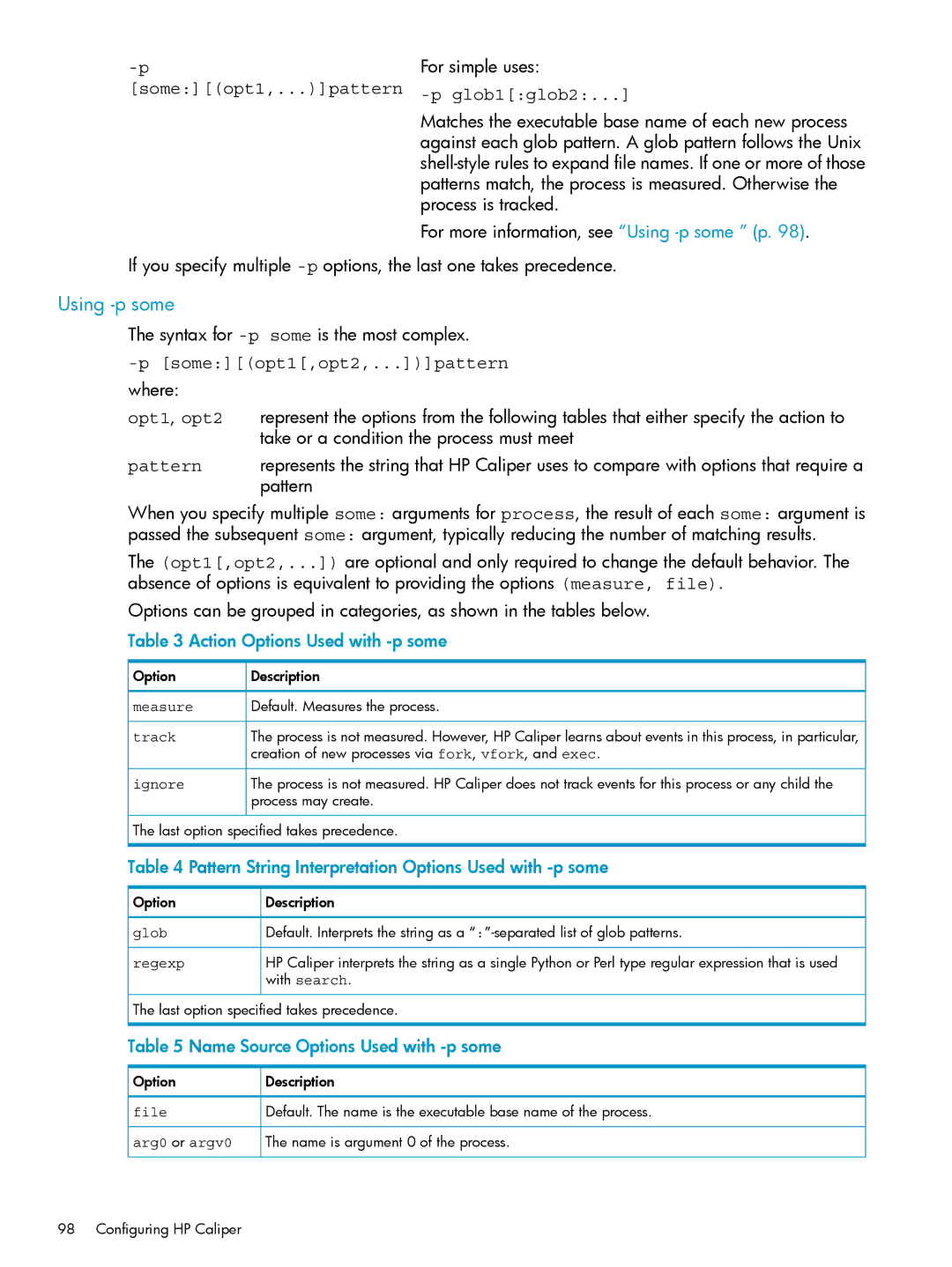 HP UX Caliper Software manual Using -p some, Some opt1,... pattern Glob1 glob2, Someopt1,opt2,...pattern 