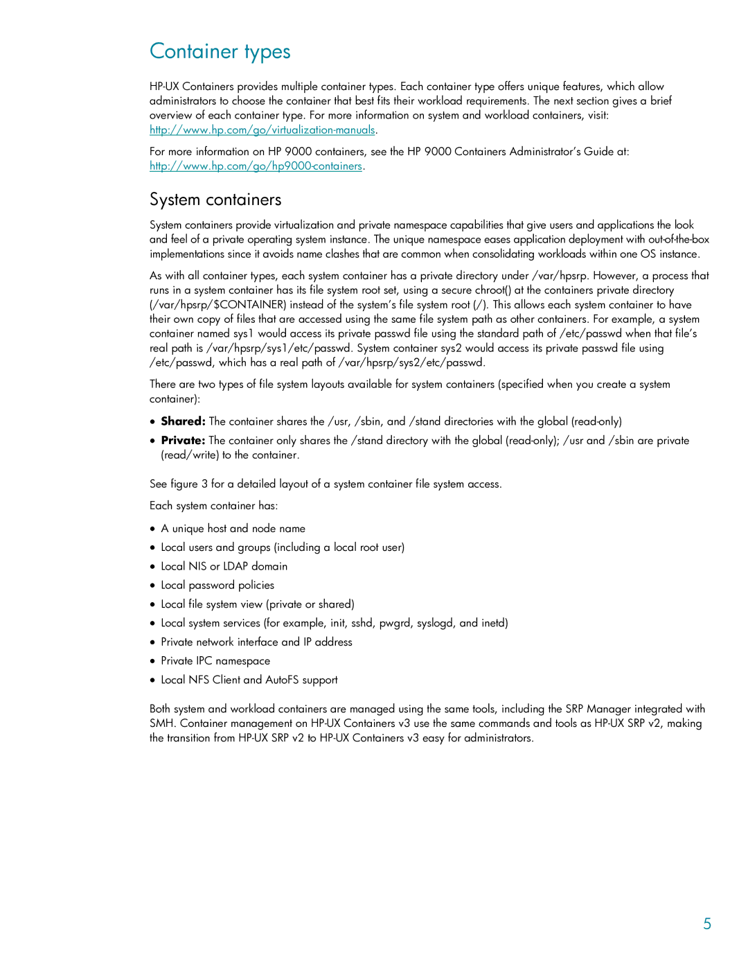 HP UX Containers (SRP) manual Container types, System containers 