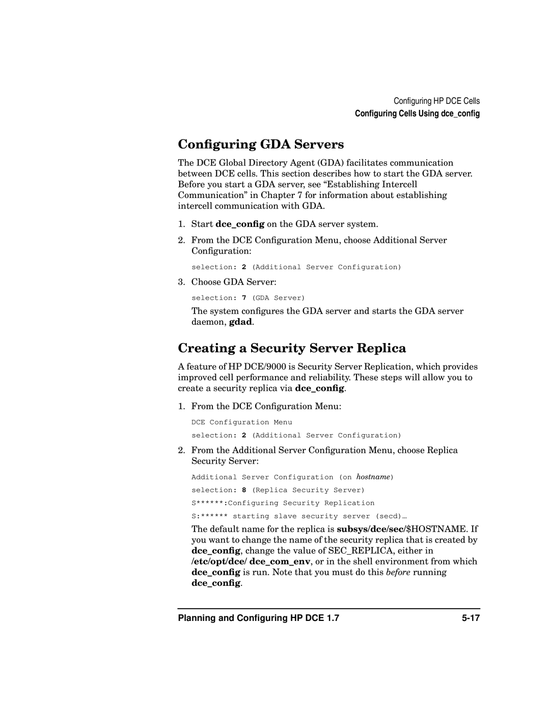 HP UX DCE Software manual Conﬁguring GDA Servers, Creating a Security Server Replica 