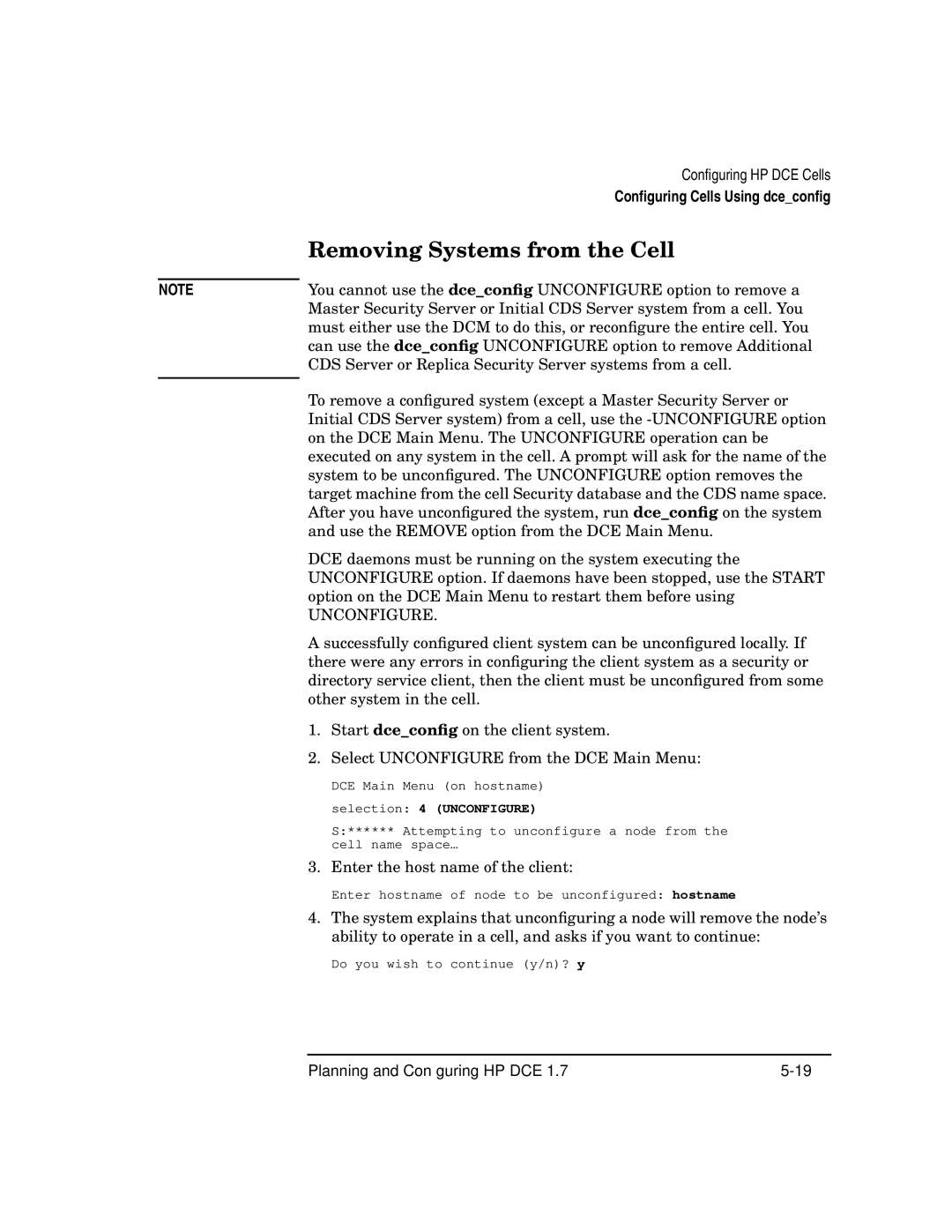 HP UX DCE Software manual Removing Systems from the Cell, Unconfigure 