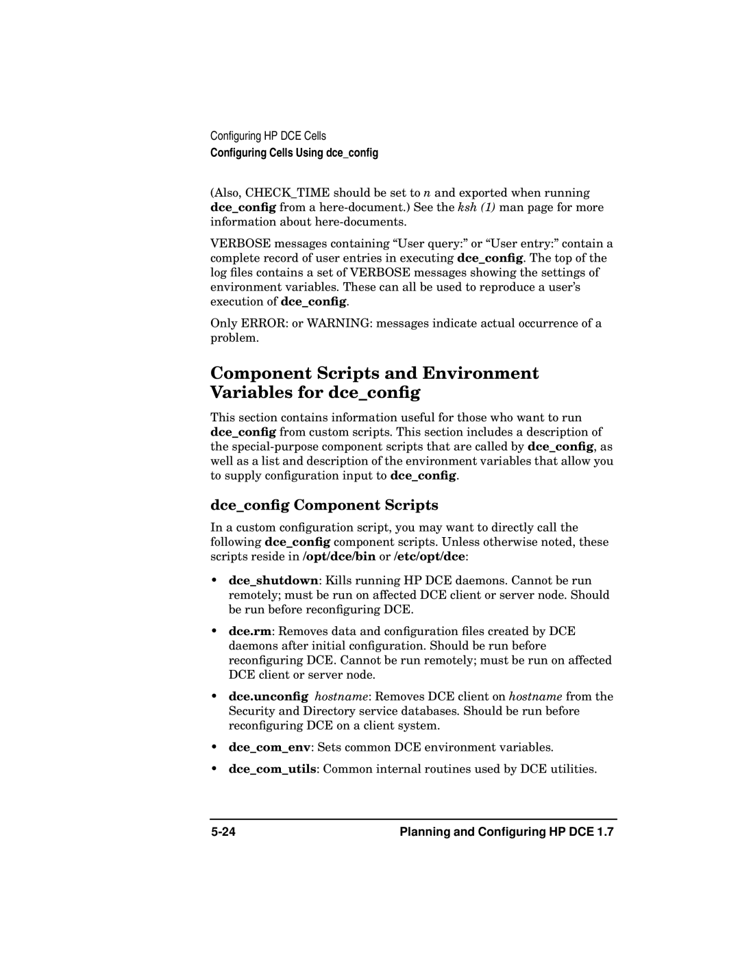 HP UX DCE Software manual Component Scripts and Environment Variables for dceconﬁg, Dceconﬁg Component Scripts 