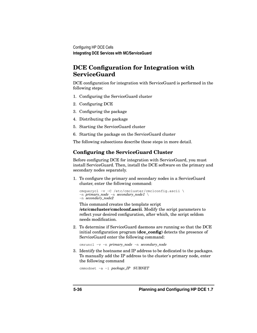 HP UX DCE Software manual DCE Conﬁguration for Integration with ServiceGuard, Conﬁguring the ServiceGuard Cluster 