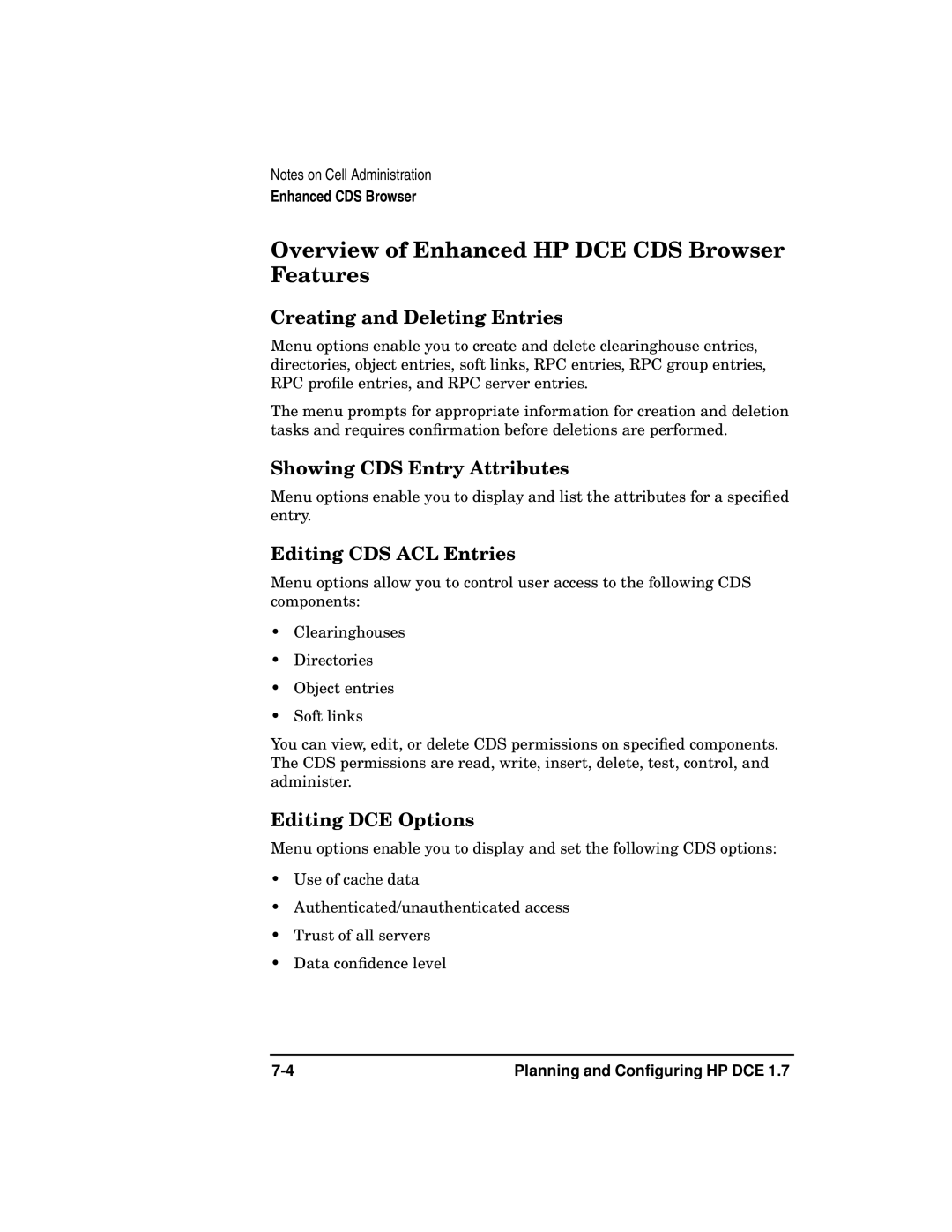 HP UX DCE Software Overview of Enhanced HP DCE CDS Browser Features, Creating and Deleting Entries, Editing DCE Options 