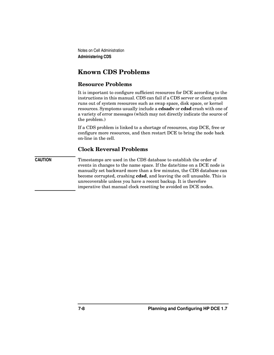 HP UX DCE Software manual Known CDS Problems, Resource Problems, Clock Reversal Problems 