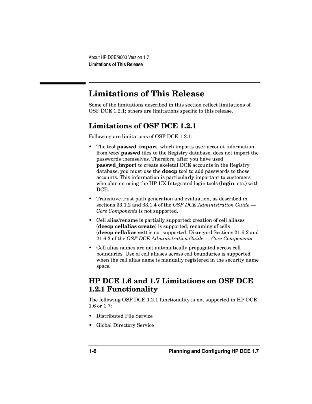 HP UX DCE Software manual Limitations of This Release, Limitations of OSF DCE 