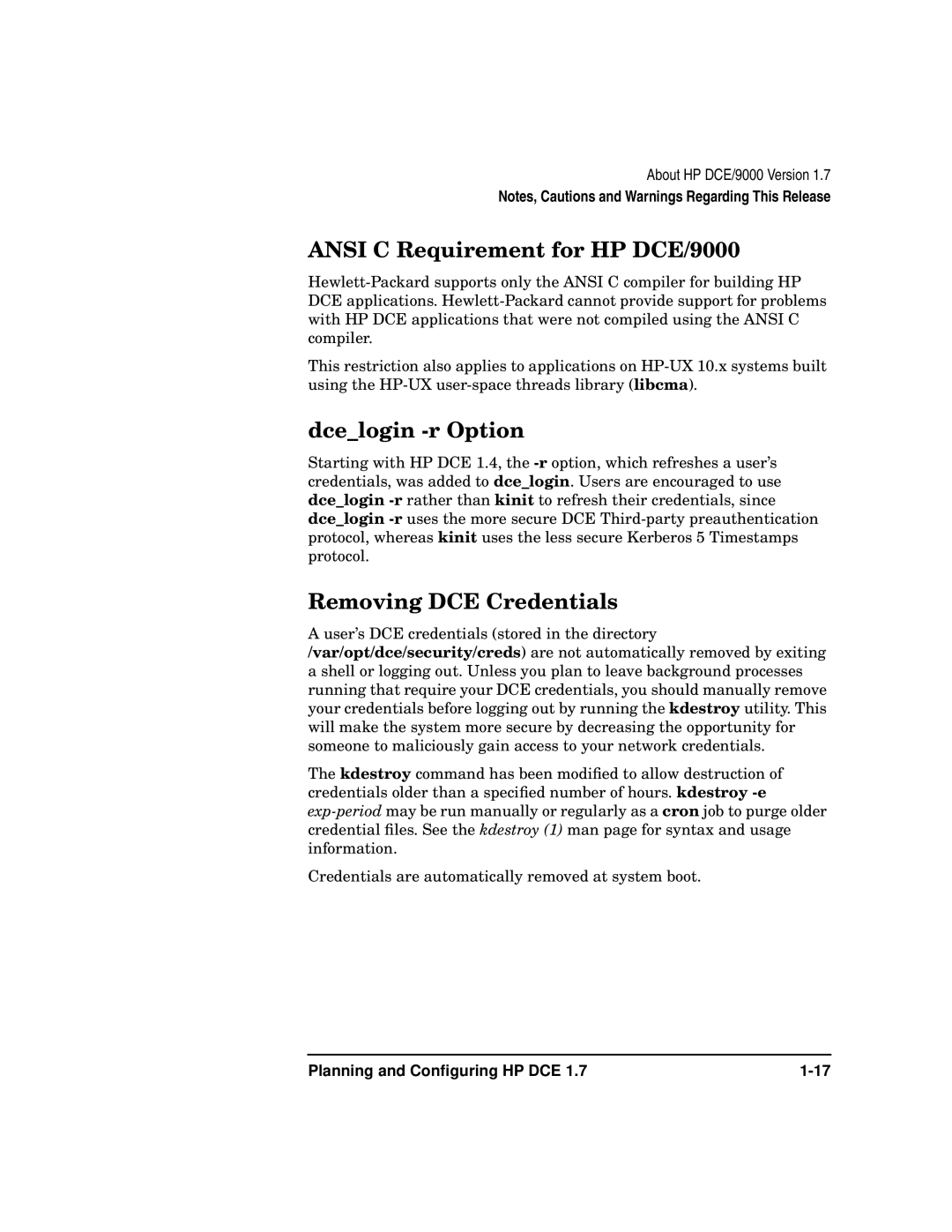 HP UX DCE Software manual Ansi C Requirement for HP DCE/9000, Dcelogin -r Option, Removing DCE Credentials 