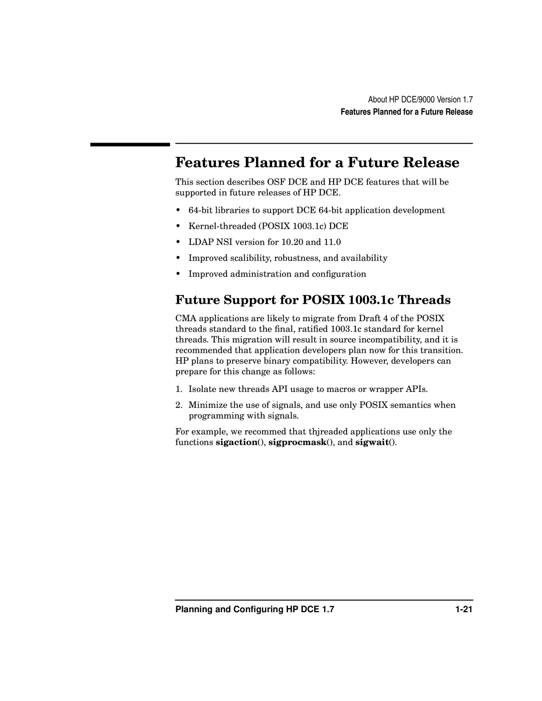 HP UX DCE Software manual Features Planned for a Future Release, Future Support for Posix 1003.1c Threads 